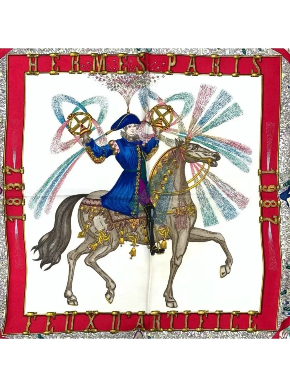 Hermes Carre 90 Feux Dartifice Blue Multicolor Silk Scarf - Picture 6 of 7
